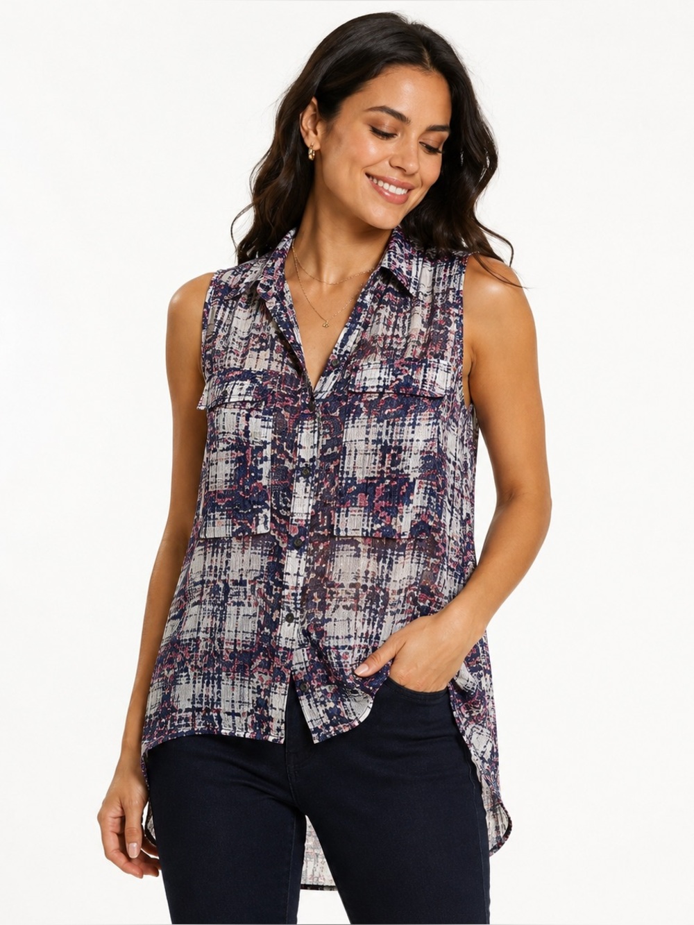 Wishful Park Sleeveless Button Front Hi-Low Blouse Semi Sheer Printed Medium